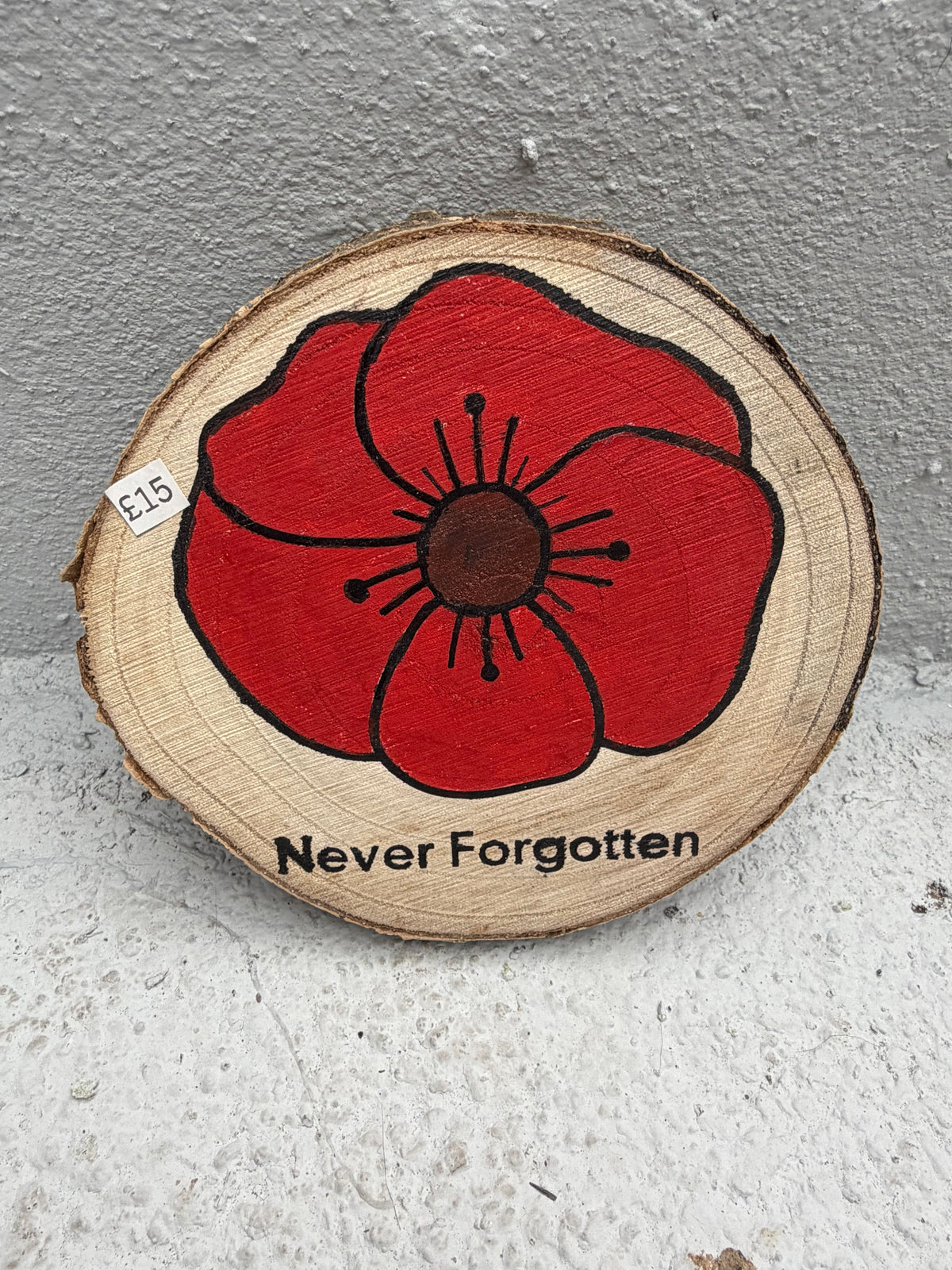 Remembrance Day Poppy Wood Slice Decors – "Never Forgotten"