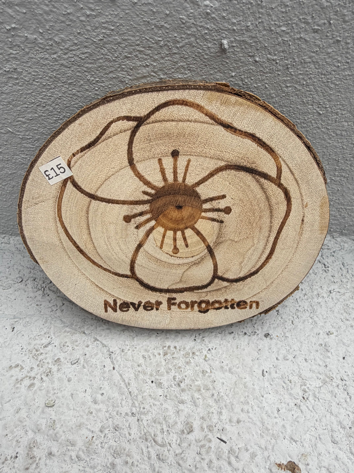 Remembrance Day Poppy Wood Slice Decors – "Never Forgotten"