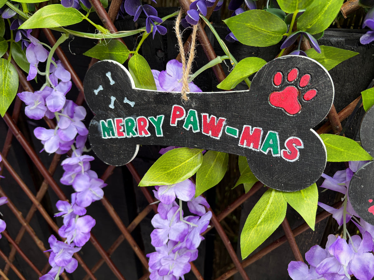 Handmade Wooden Dog Bone "Merry Paw-mas" Christmas Ornament