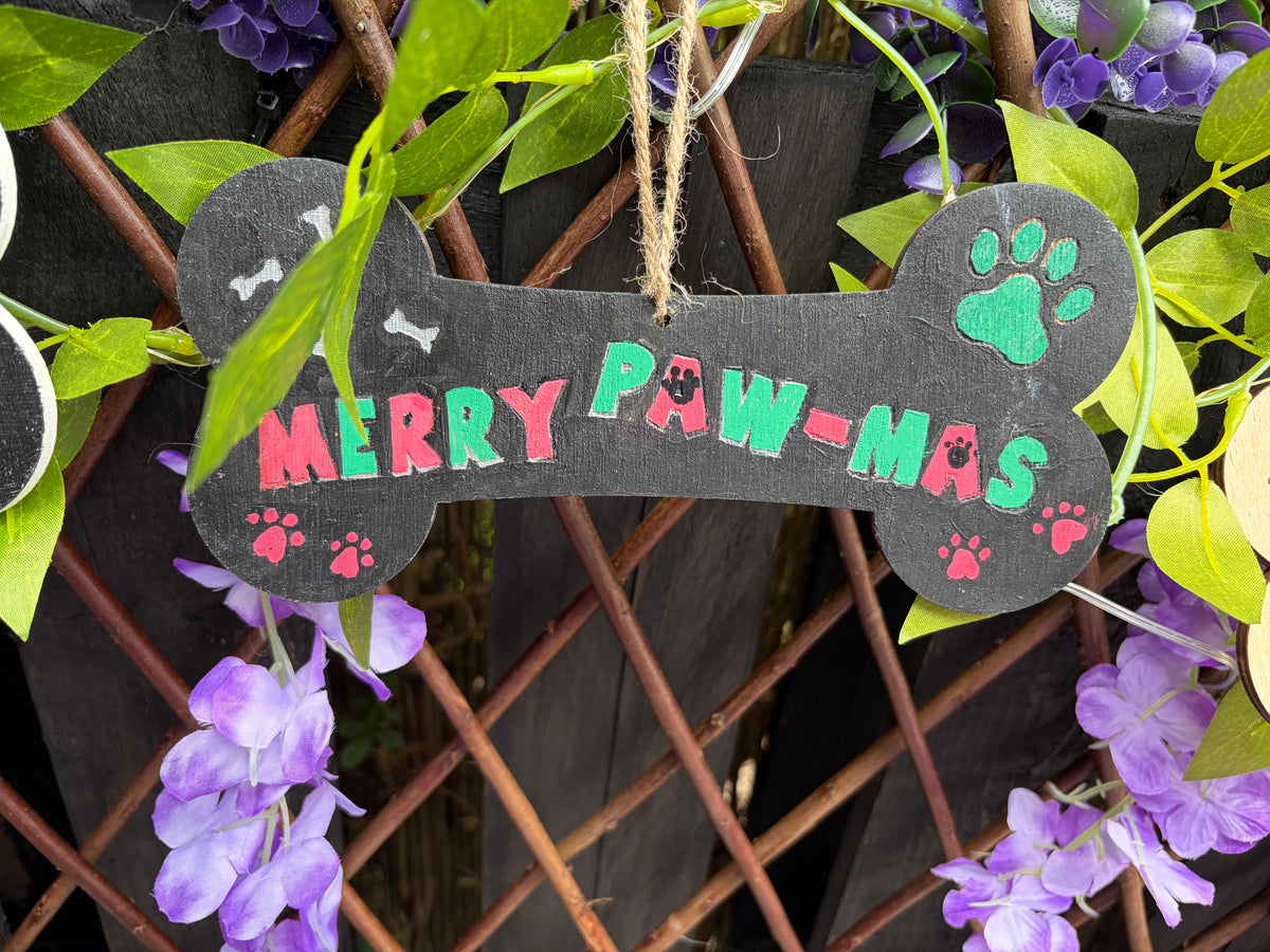 Handmade Wooden Dog Bone "Merry Paw-mas" Christmas Ornament
