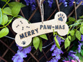Natural Wood "Merry Paw-mas" Dog Bone Ornament - Laser Engraved Style