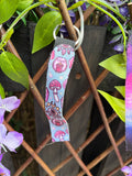Whimsical Mystical Fabric Keychain – Pink Mushroom & Crystal Wristlet