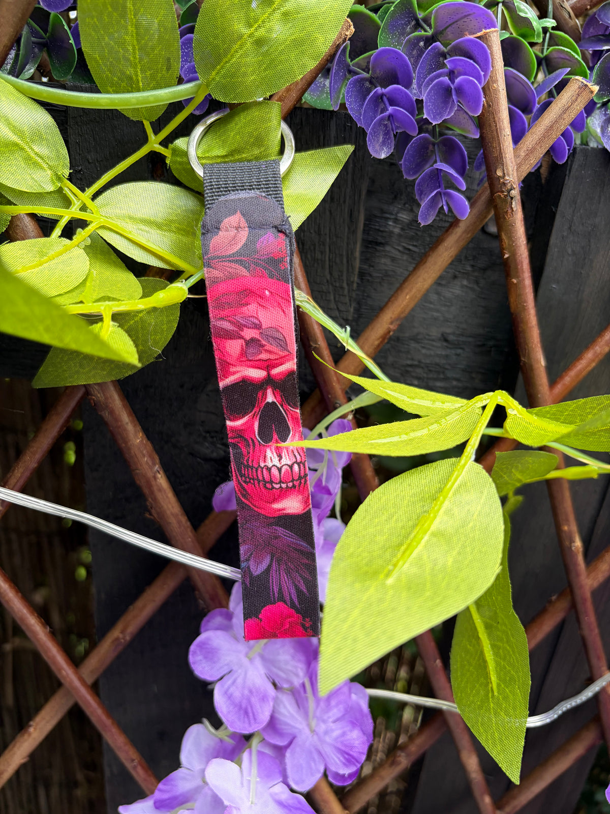 Gothic Floral Skull Fabric Keychain – Red Rose & Skull Wristlet Charm