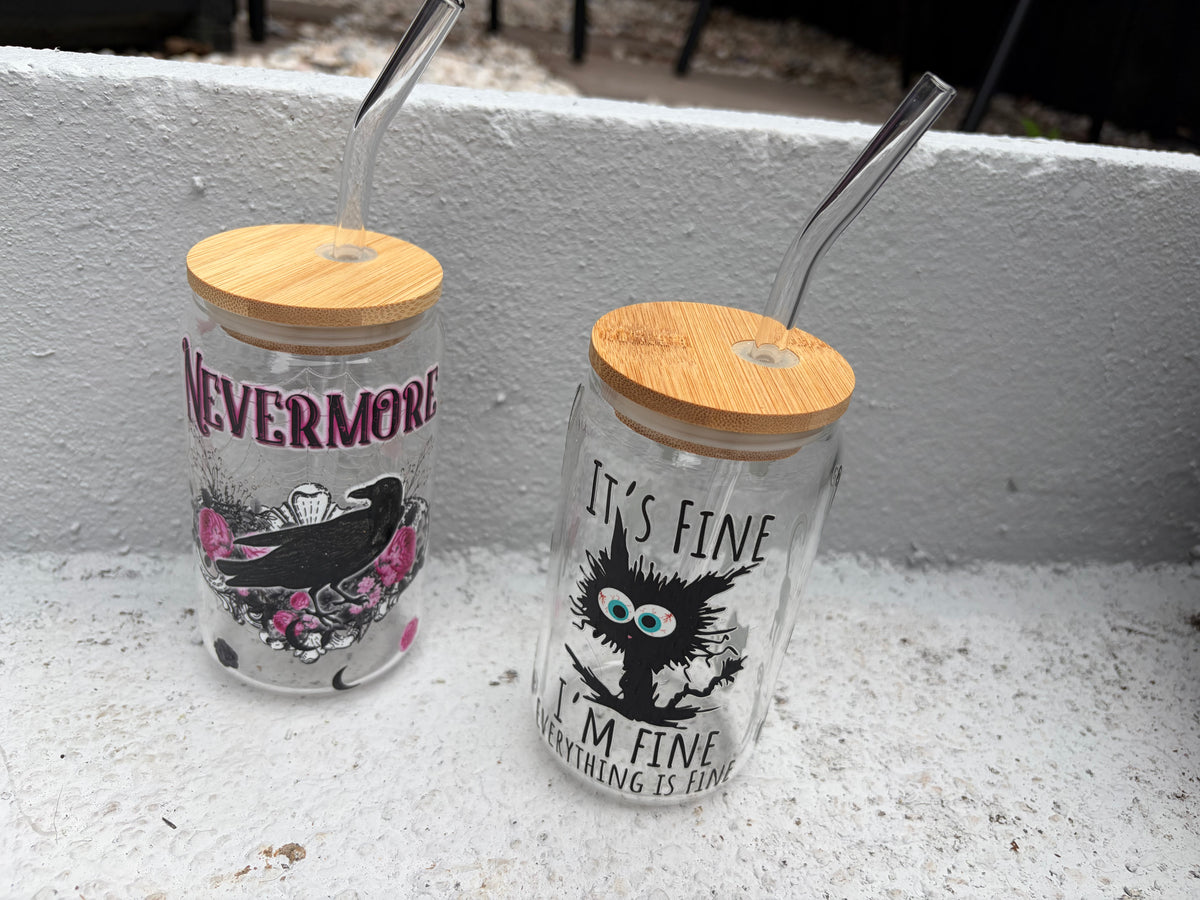 Gothic & Sassy Iced Coffee Glass Cans – "Nevermore" & "It's Fine" Styles