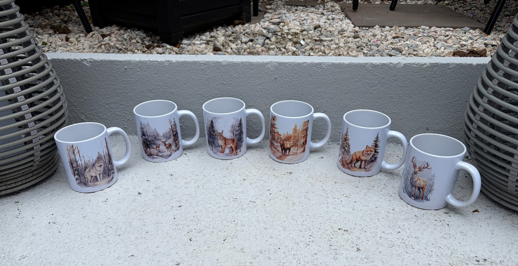 Set of 6 Wildlife Woodland Animal Mugs - Wolf, Fox, Deer, Lynx, Moose
