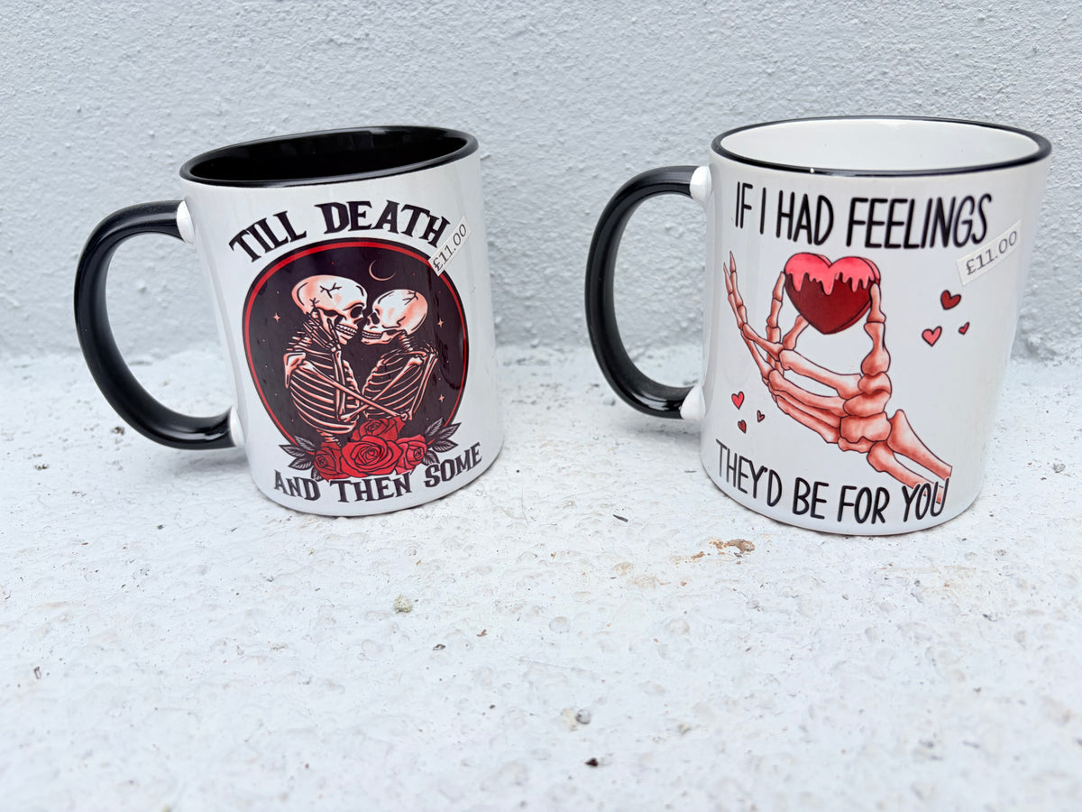Him & Hers Gothic Skeleton Couple Mug Set - "Till Death" & "If I Had Feelings"
