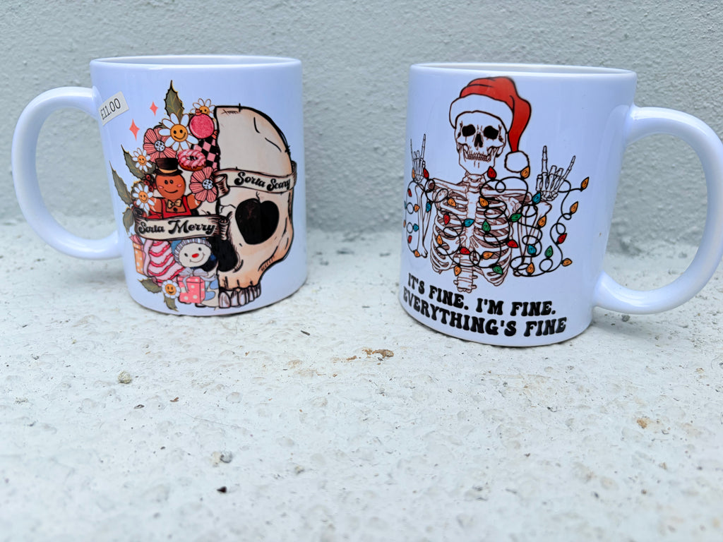 Him & Hers Gothic Christmas Mug Set – "Sorta Scary Sorta Merry" & "It's Fine" Skeleton