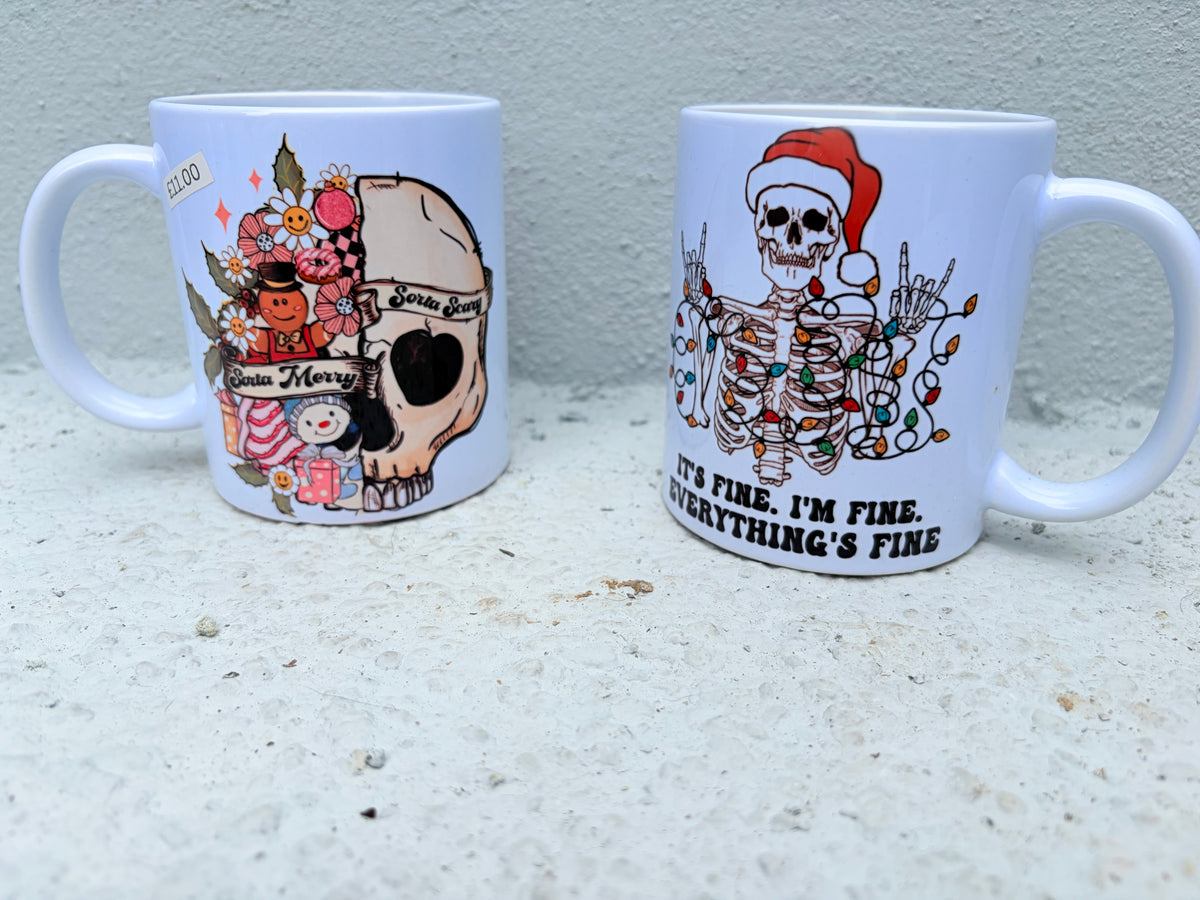 Him & Hers Gothic Christmas Mug Set – "Sorta Scary Sorta Merry" & "It's Fine" Skeleton